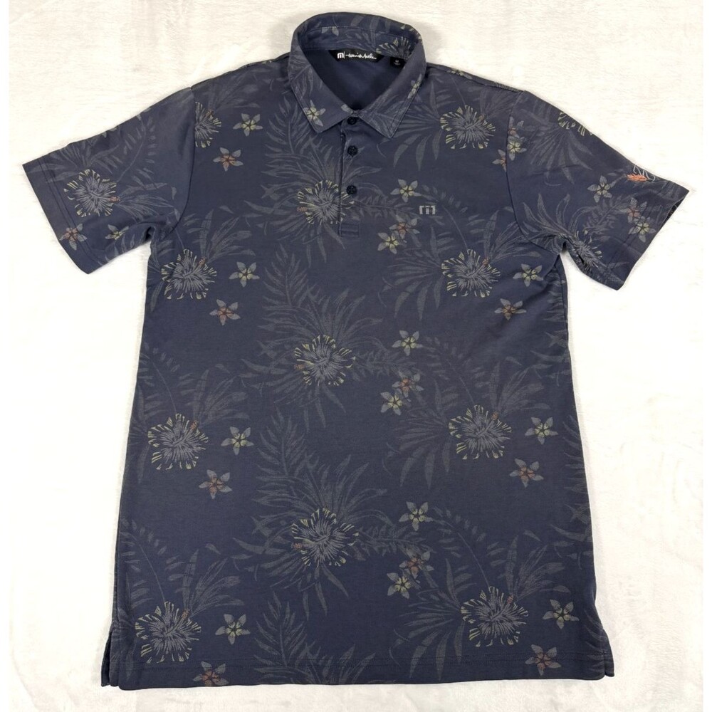 TravisMathew Calmer Waters Polo Mens‎ Medium Navy Floral Print Golf Shirt